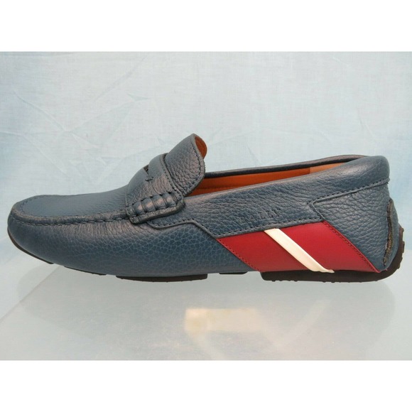 BALLY PIOTRE BLUE GRAINED LEATHER WEB LOGO DRIVER PENNY LOAFERS 11 D US 44 main image 5